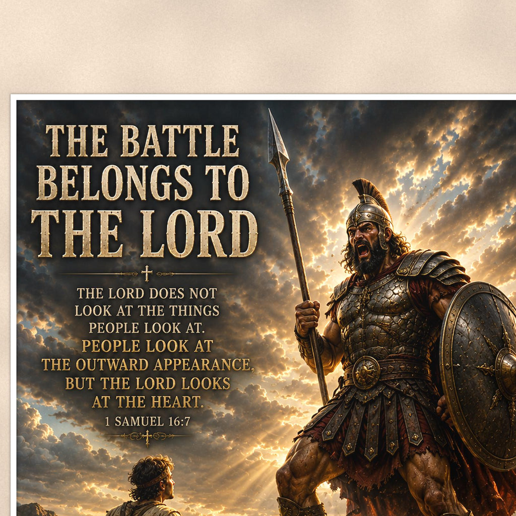 The Battle Belongs To The Lord — 24x36 in art print poster, premium luster paper with a white border; close-up framed on the main subject of the artwork, paper surface visible.