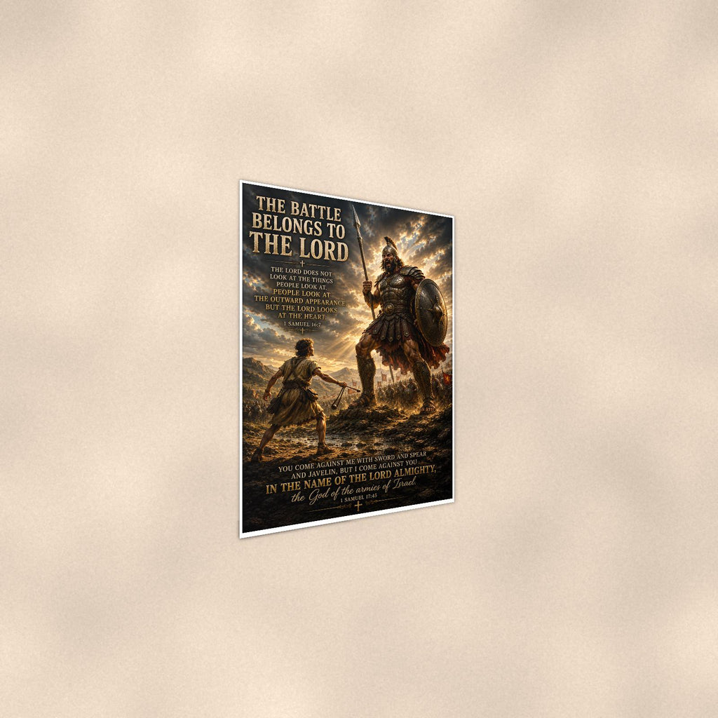 The Battle Belongs To The Lord — 24x36 in art print poster, premium luster paper with a white border; steeper three-quarter angle on a warm wall, catching the luster sheen.