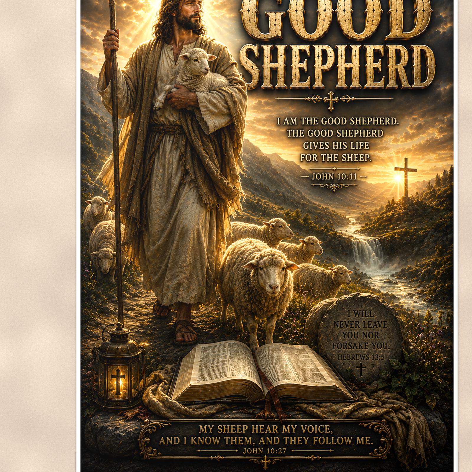 The Good Shepherd — 24x36 in art print poster, premium luster paper with a white border; close-up framed on the main subject of the artwork, paper surface visible.