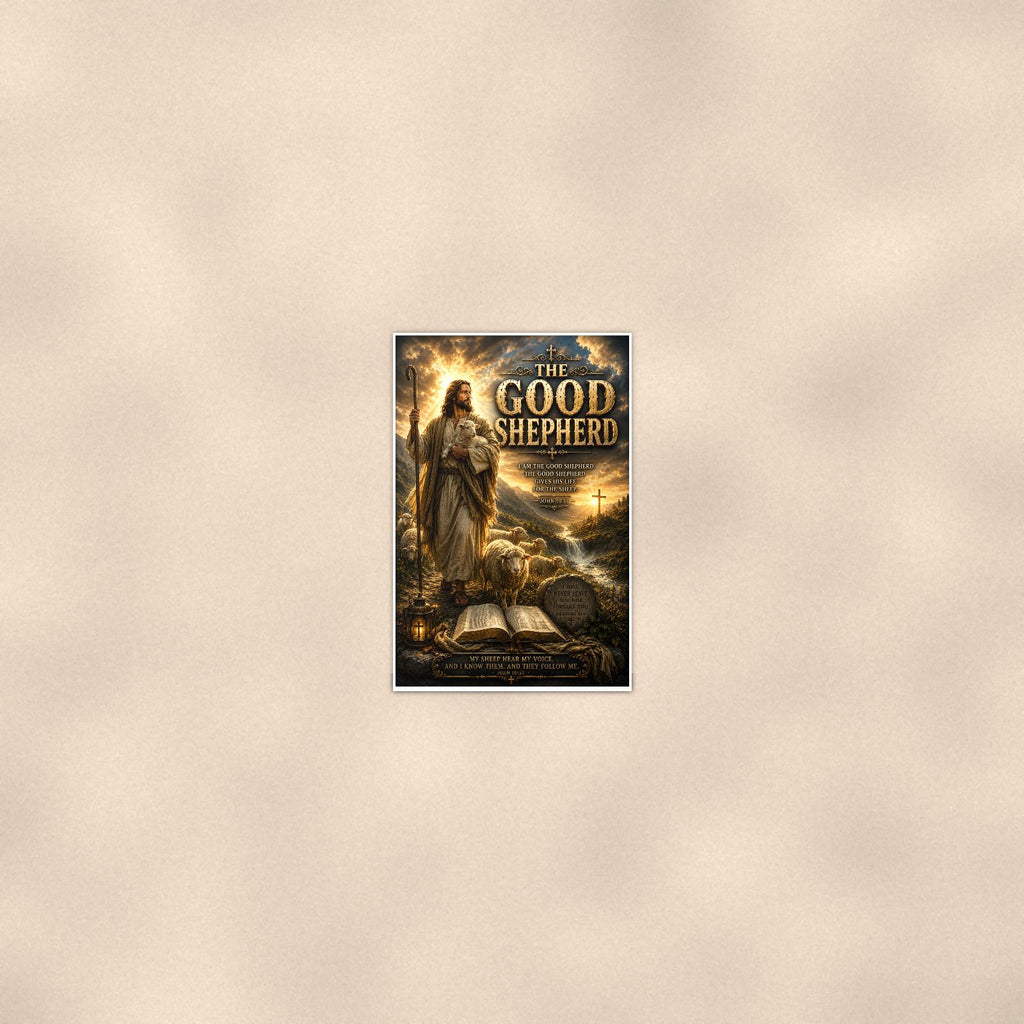 The Good Shepherd — 24x36 in art print poster, premium luster paper with a white border; poster seen from further back, at true 24x36 in scale on a warm wall.