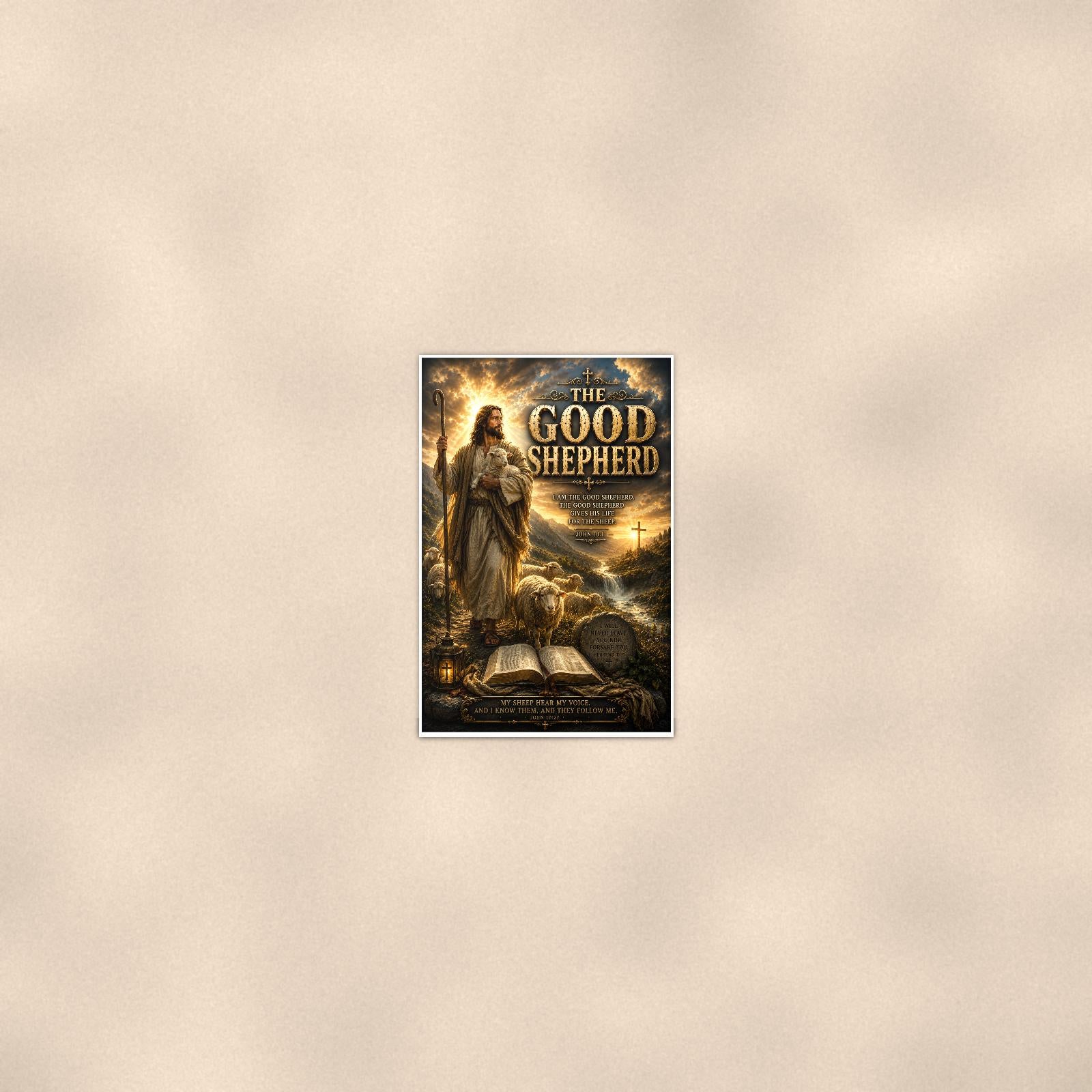 The Good Shepherd — 24x36 in art print poster, premium luster paper with a white border; poster seen from further back, at true 24x36 in scale on a warm wall.