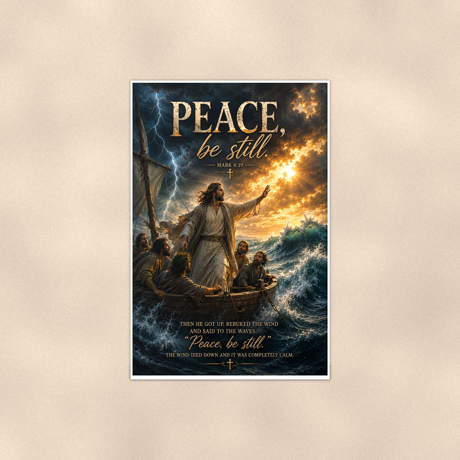 Peace Be Still — 24x36 in art print poster, premium luster paper with a white border; poster shown straight on against a warm wall.