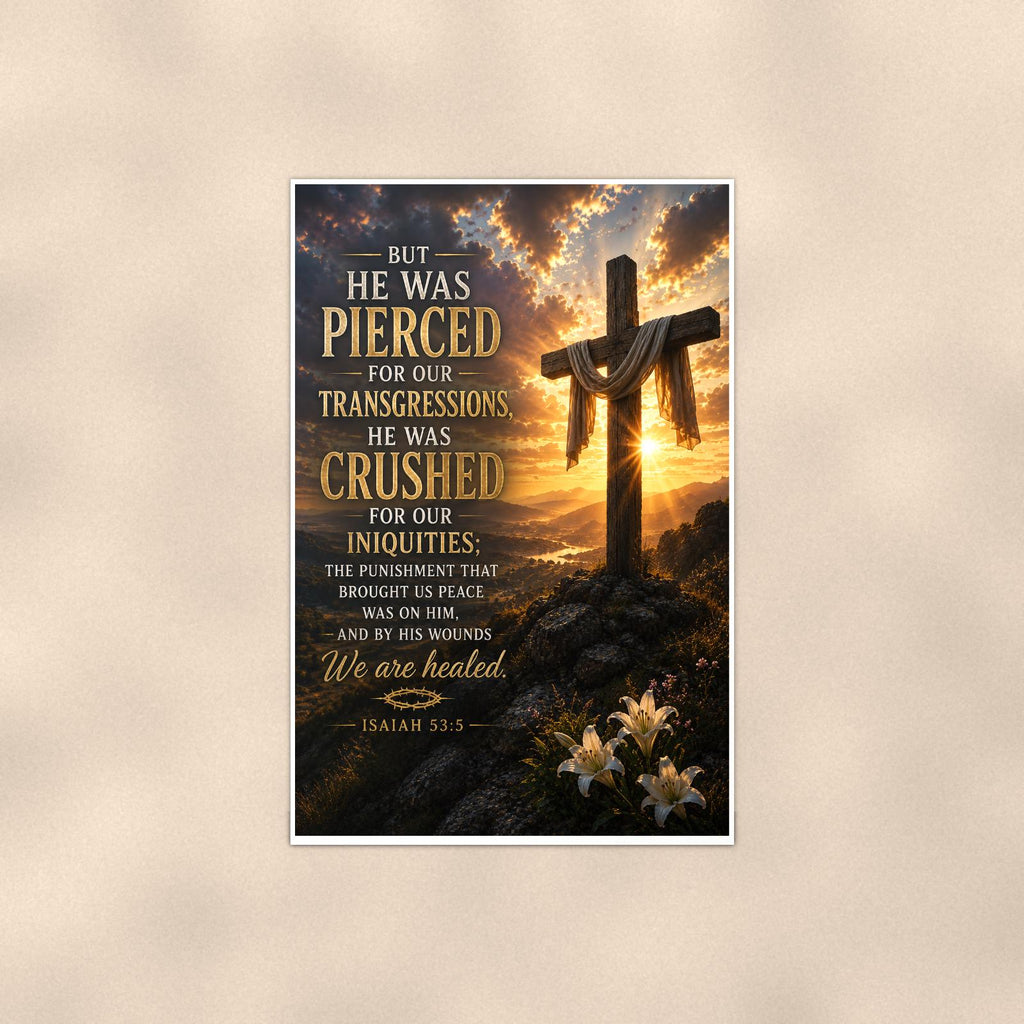 He Was Pierced — 24x36 in art print poster, premium luster paper with a white border; poster shown straight on against a warm wall.