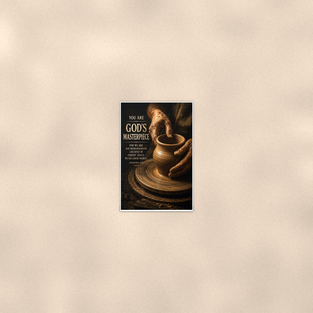 God’s Masterpiece — 24x36 in art print poster, premium luster paper with a white border; poster seen from further back, at true 24x36 in scale on a warm wall.