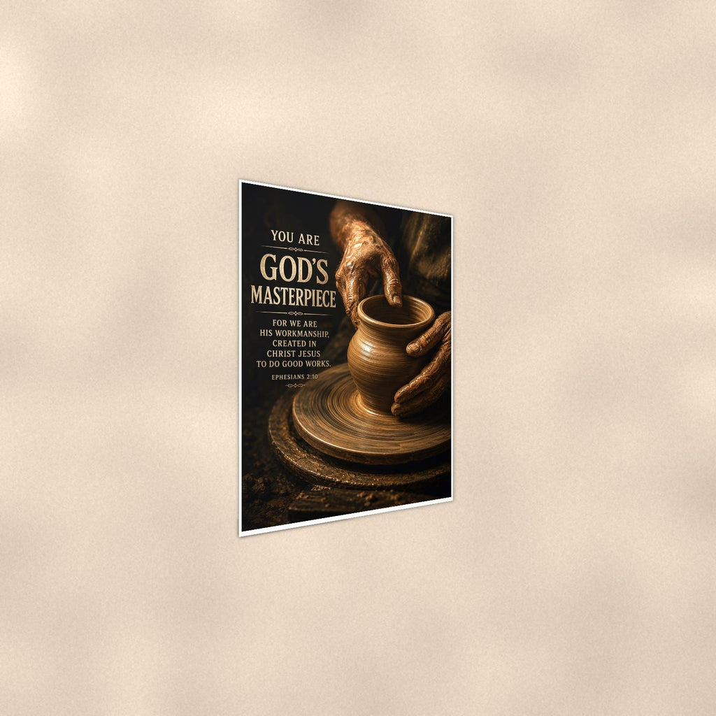 God’s Masterpiece — 24x36 in art print poster, premium luster paper with a white border; steeper three-quarter angle on a warm wall, catching the luster sheen.