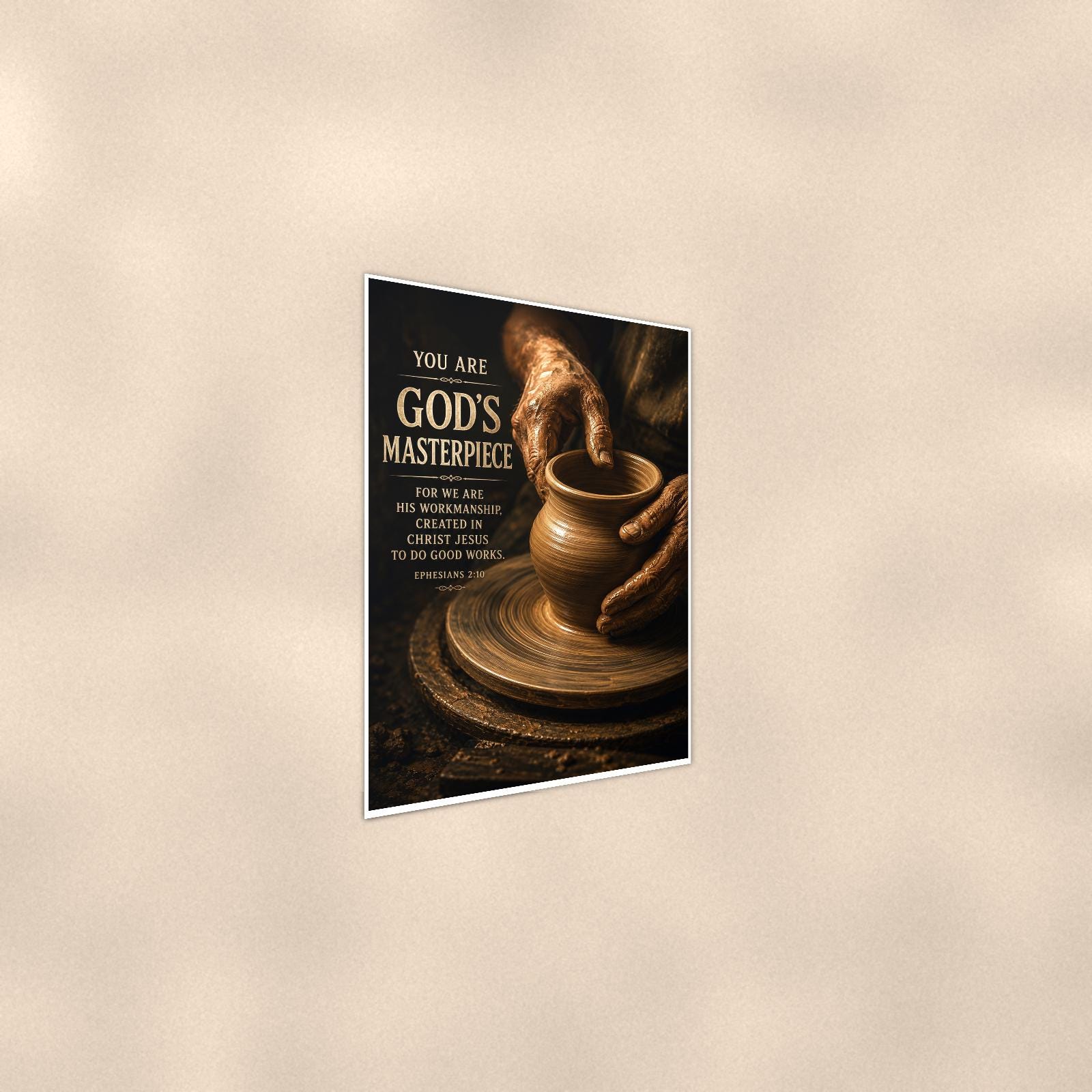 God’s Masterpiece — 24x36 in art print poster, premium luster paper with a white border; steeper three-quarter angle on a warm wall, catching the luster sheen.