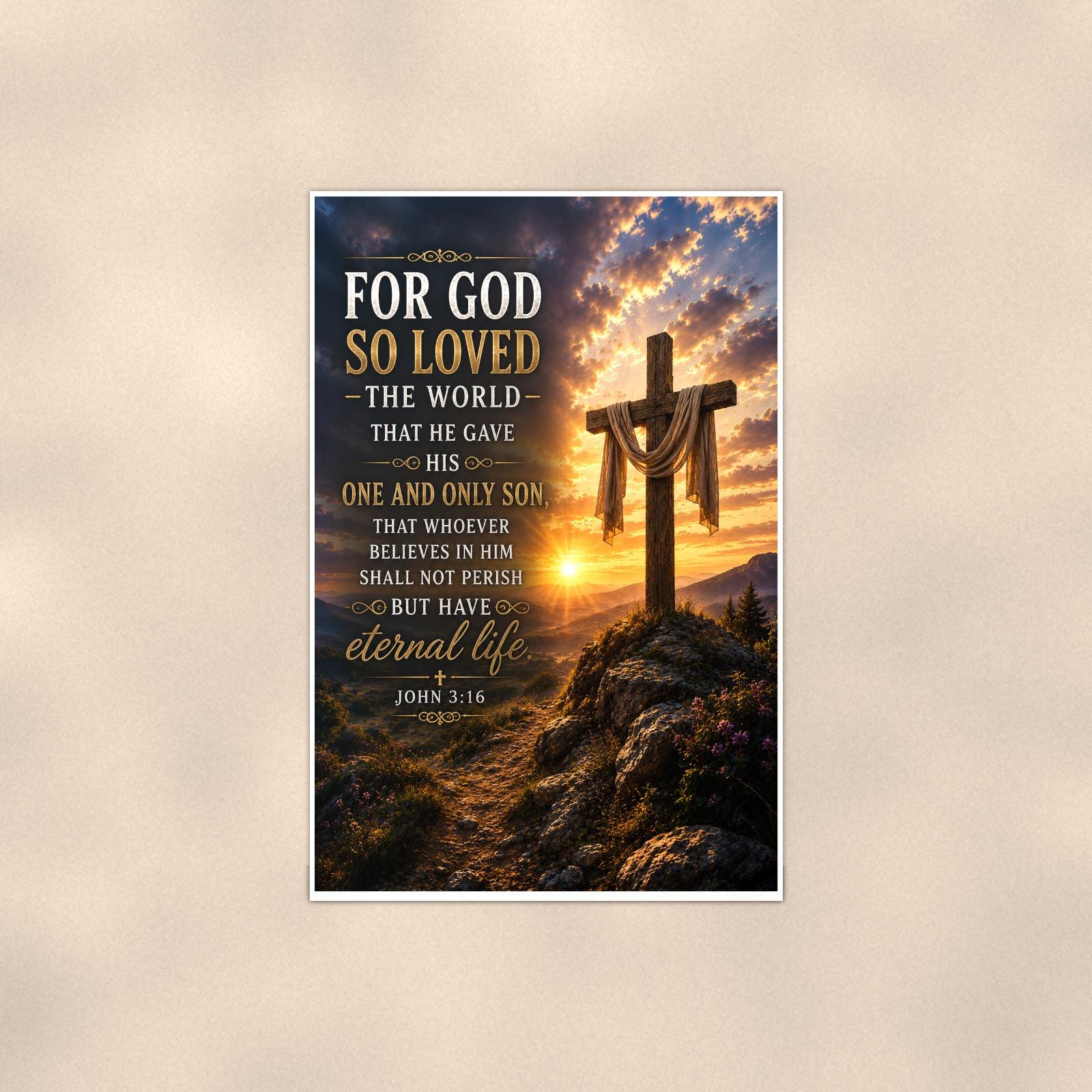 For God So Loved The World — 24x36 in art print poster, premium luster paper with a white border; poster shown straight on against a warm wall.