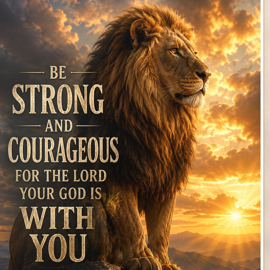 Be Strong and Courageous — 24x36 in art print poster, premium luster paper with a white border; close-up framed on the main subject of the artwork, paper surface visible.