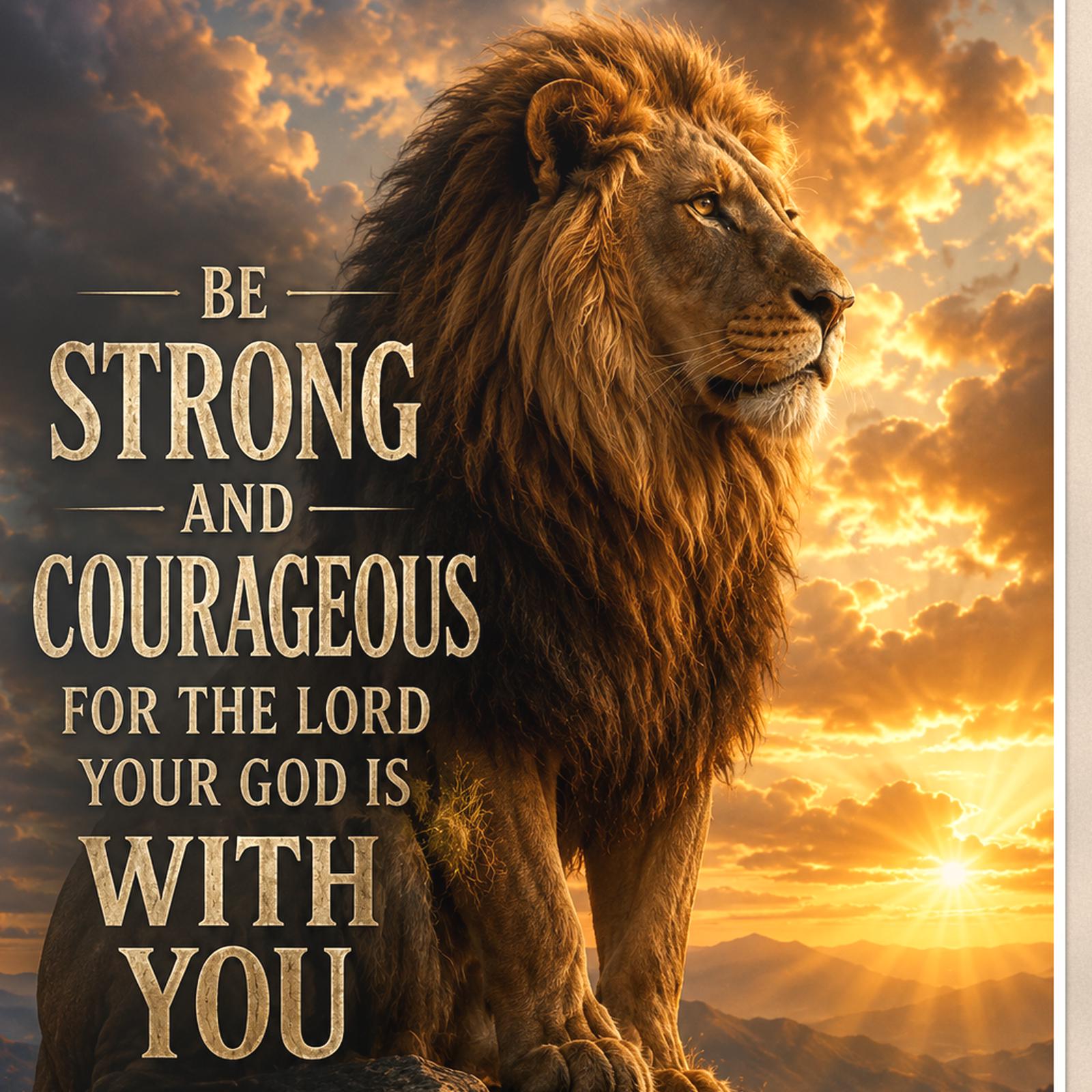Be Strong and Courageous — 24x36 in art print poster, premium luster paper with a white border; close-up framed on the main subject of the artwork, paper surface visible.