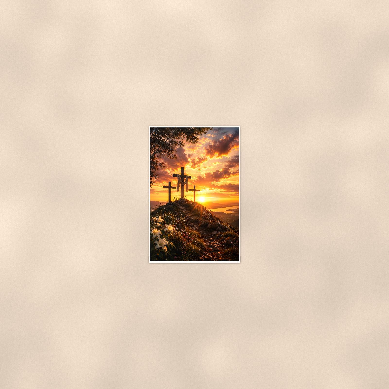 Three Crosses Sunset — 24x36 in art print poster, premium luster paper with a white border; poster seen from further back, at true 24x36 in scale on a warm wall.