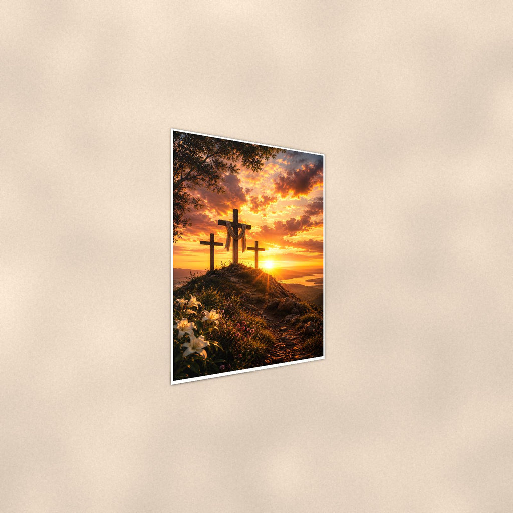 Three Crosses Sunset — 24x36 in art print poster, premium luster paper with a white border; steeper three-quarter angle on a warm wall, catching the luster sheen.