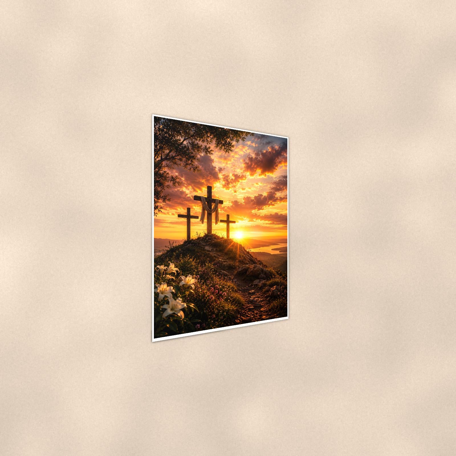 Three Crosses Sunset — 24x36 in art print poster, premium luster paper with a white border; steeper three-quarter angle on a warm wall, catching the luster sheen.
