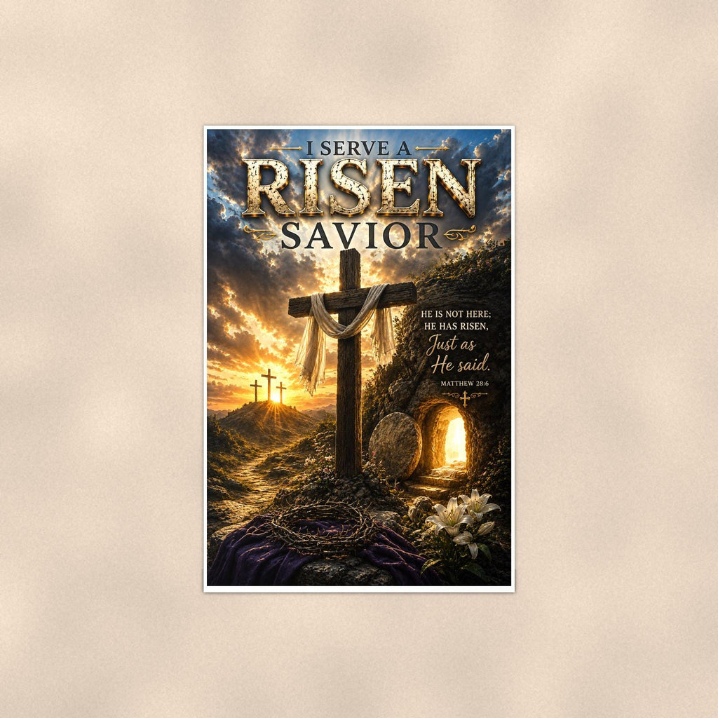 Risen Savior — 24x36 in art print poster, premium luster paper with a white border; poster shown straight on against a warm wall.