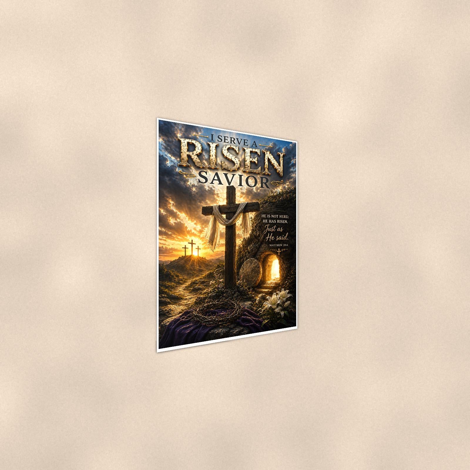 Risen Savior — 24x36 in art print poster, premium luster paper with a white border; steeper three-quarter angle on a warm wall, catching the luster sheen.