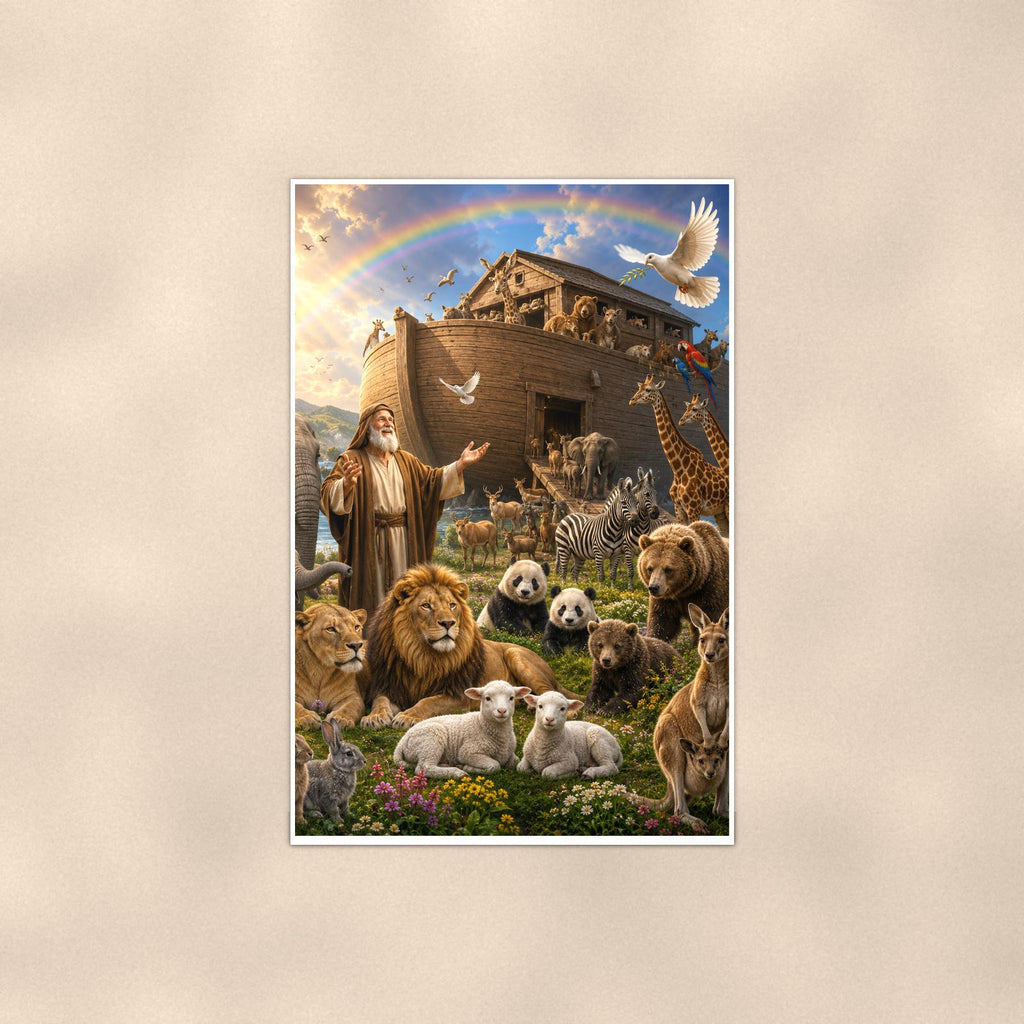 Noah’s Ark Animals — 24x36 in art print poster, premium luster paper with a white border; poster shown straight on against a warm wall.