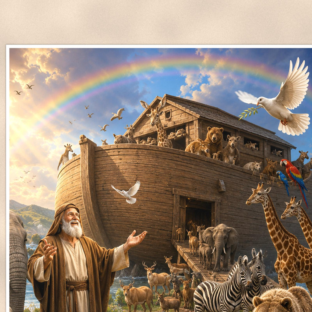 Noah’s Ark Animals — 24x36 in art print poster, premium luster paper with a white border; close-up framed on the main subject of the artwork, paper surface visible.