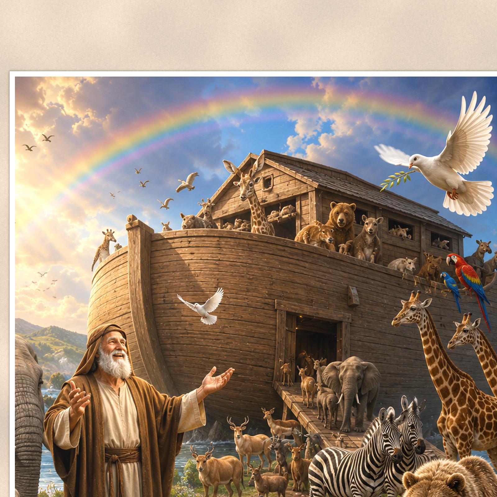 Noah’s Ark Animals — 24x36 in art print poster, premium luster paper with a white border; close-up framed on the main subject of the artwork, paper surface visible.