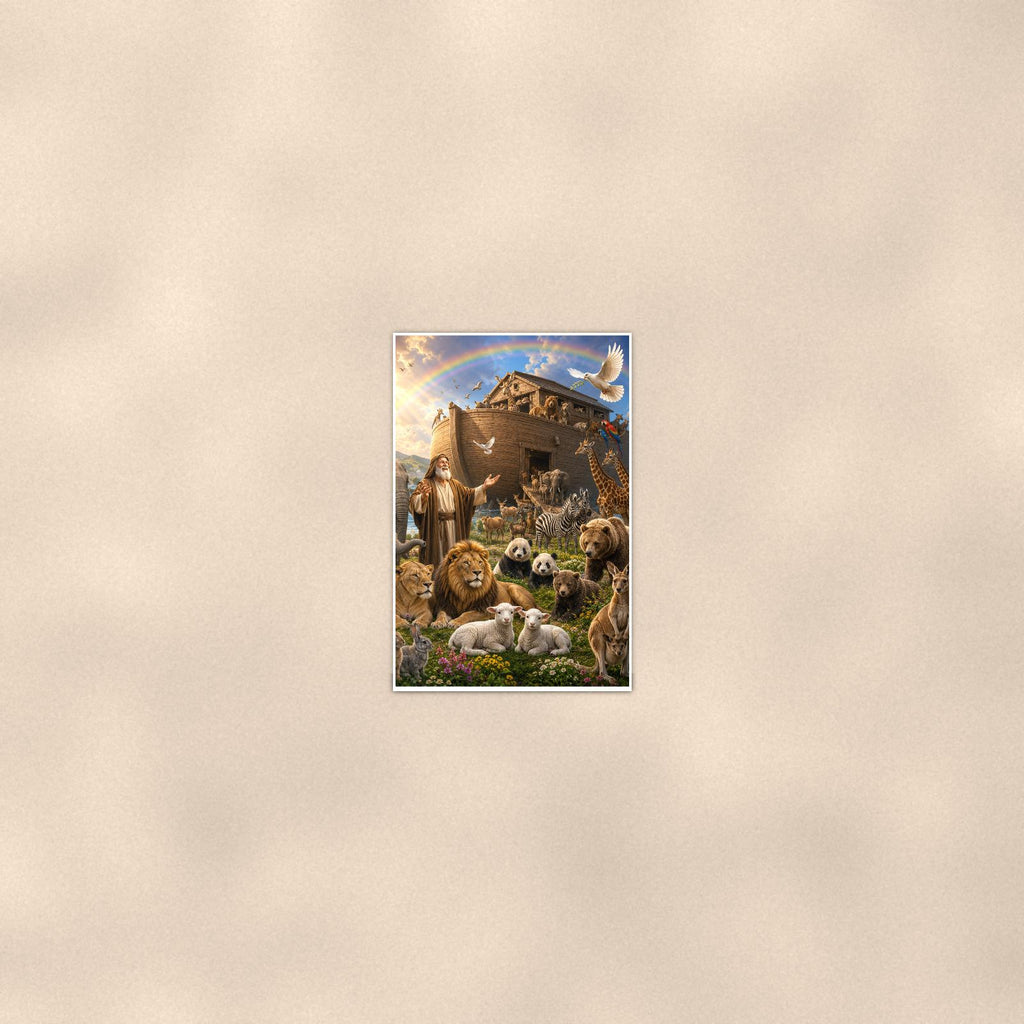 Noah’s Ark Animals — 24x36 in art print poster, premium luster paper with a white border; poster seen from further back, at true 24x36 in scale on a warm wall.