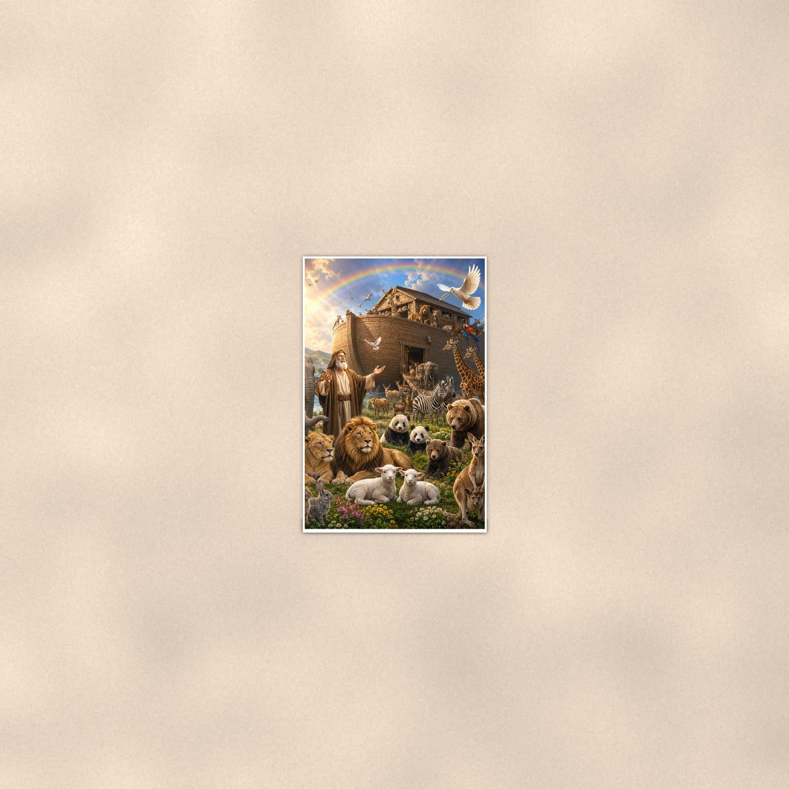 Noah’s Ark Animals — 24x36 in art print poster, premium luster paper with a white border; poster seen from further back, at true 24x36 in scale on a warm wall.