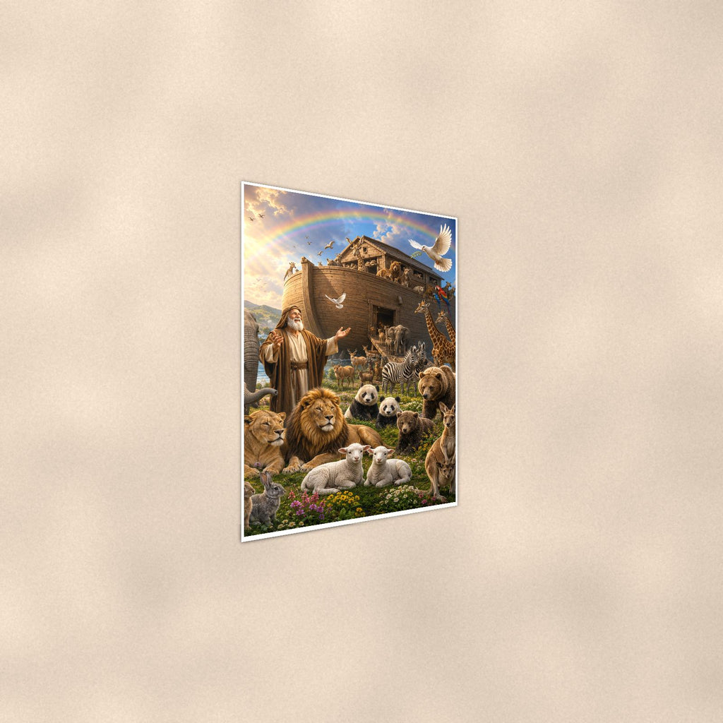 Noah’s Ark Animals — 24x36 in art print poster, premium luster paper with a white border; steeper three-quarter angle on a warm wall, catching the luster sheen.