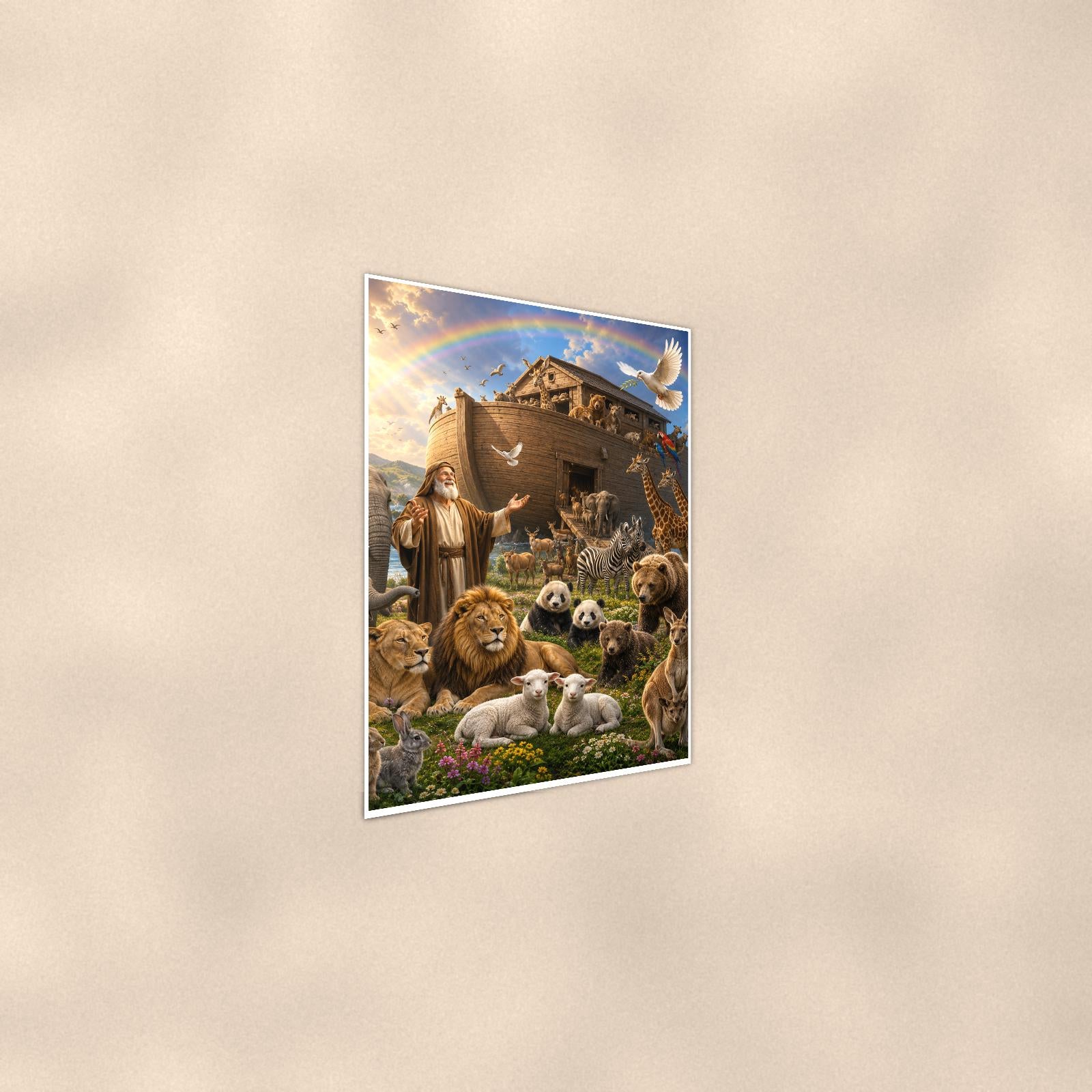 Noah’s Ark Animals — 24x36 in art print poster, premium luster paper with a white border; steeper three-quarter angle on a warm wall, catching the luster sheen.