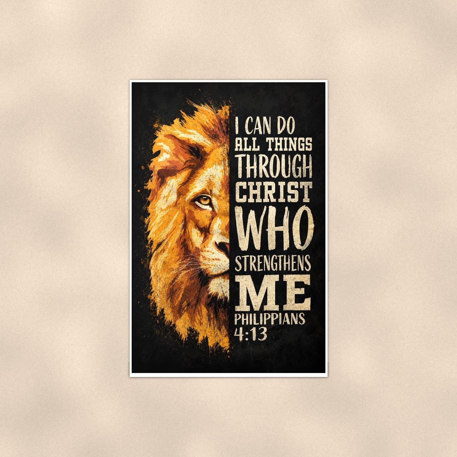 Christ Strengthens me Lion — 24x36 in art print poster, premium luster paper with a white border; poster shown straight on against a warm wall.