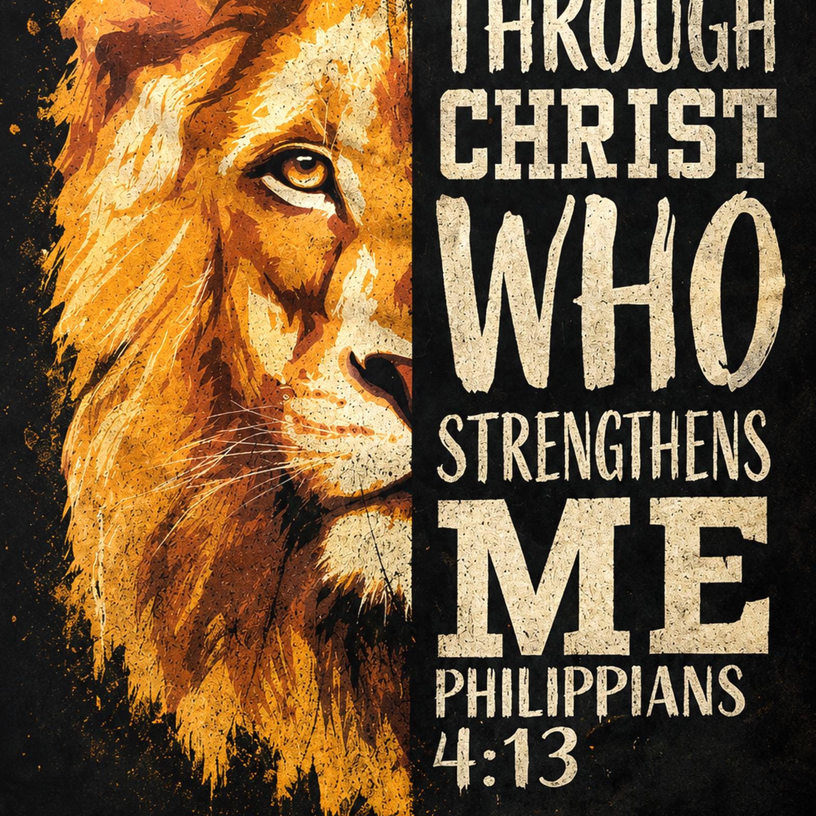 Christ Strengthens me Lion — 24x36 in art print poster, premium luster paper with a white border; close-up framed on the main subject of the artwork, paper surface visible.