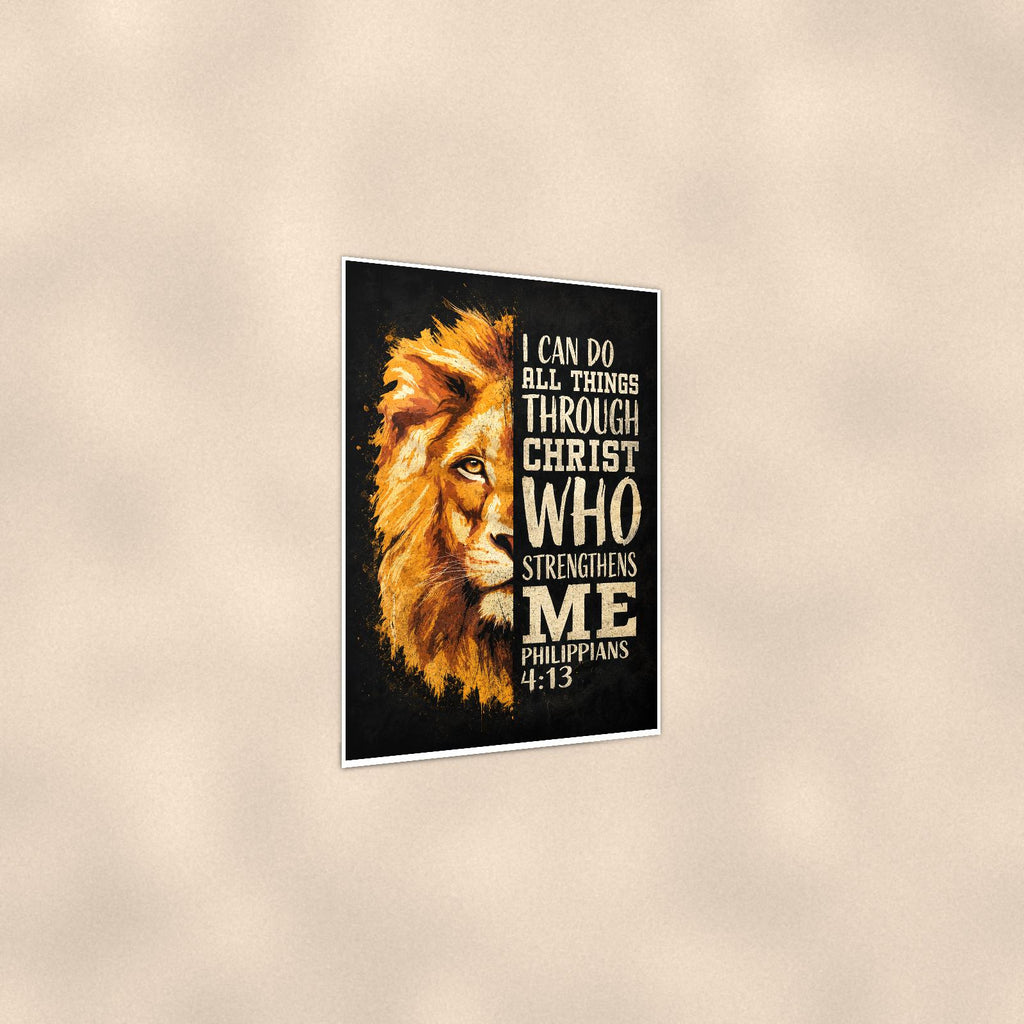 Christ Strengthens me Lion — 24x36 in art print poster, premium luster paper with a white border; gentle three-quarter angle on a warm wall, showing the flat paper edge.