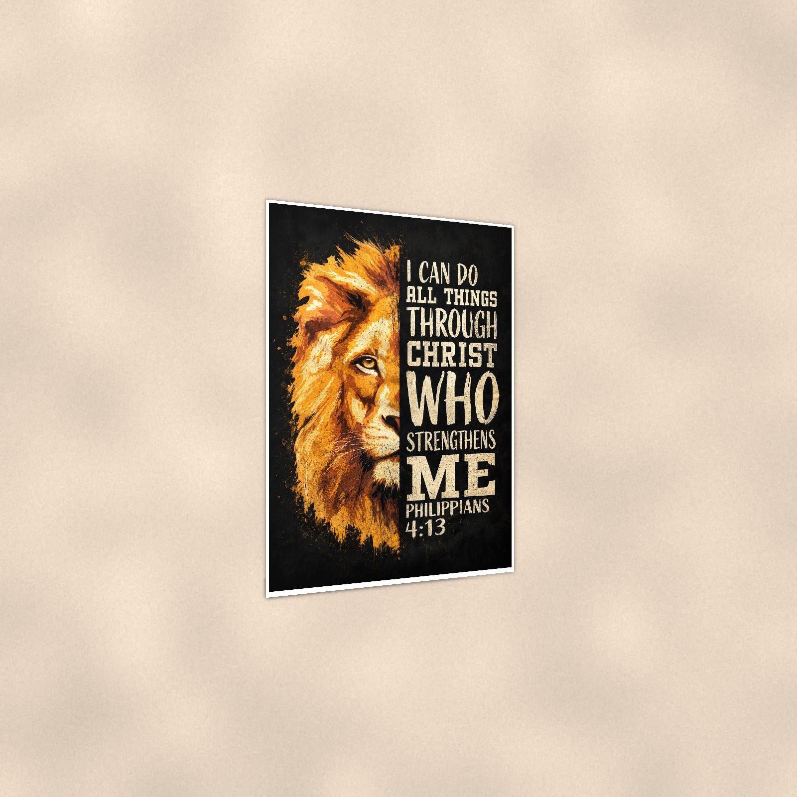 Christ Strengthens me Lion — 24x36 in art print poster, premium luster paper with a white border; gentle three-quarter angle on a warm wall, showing the flat paper edge.