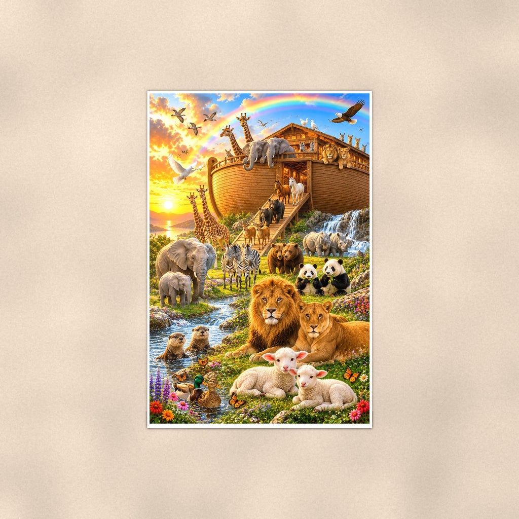 Noah’s Ark Rainbow — 24x36 in art print poster, premium luster paper with a white border; poster shown straight on against a warm wall.
