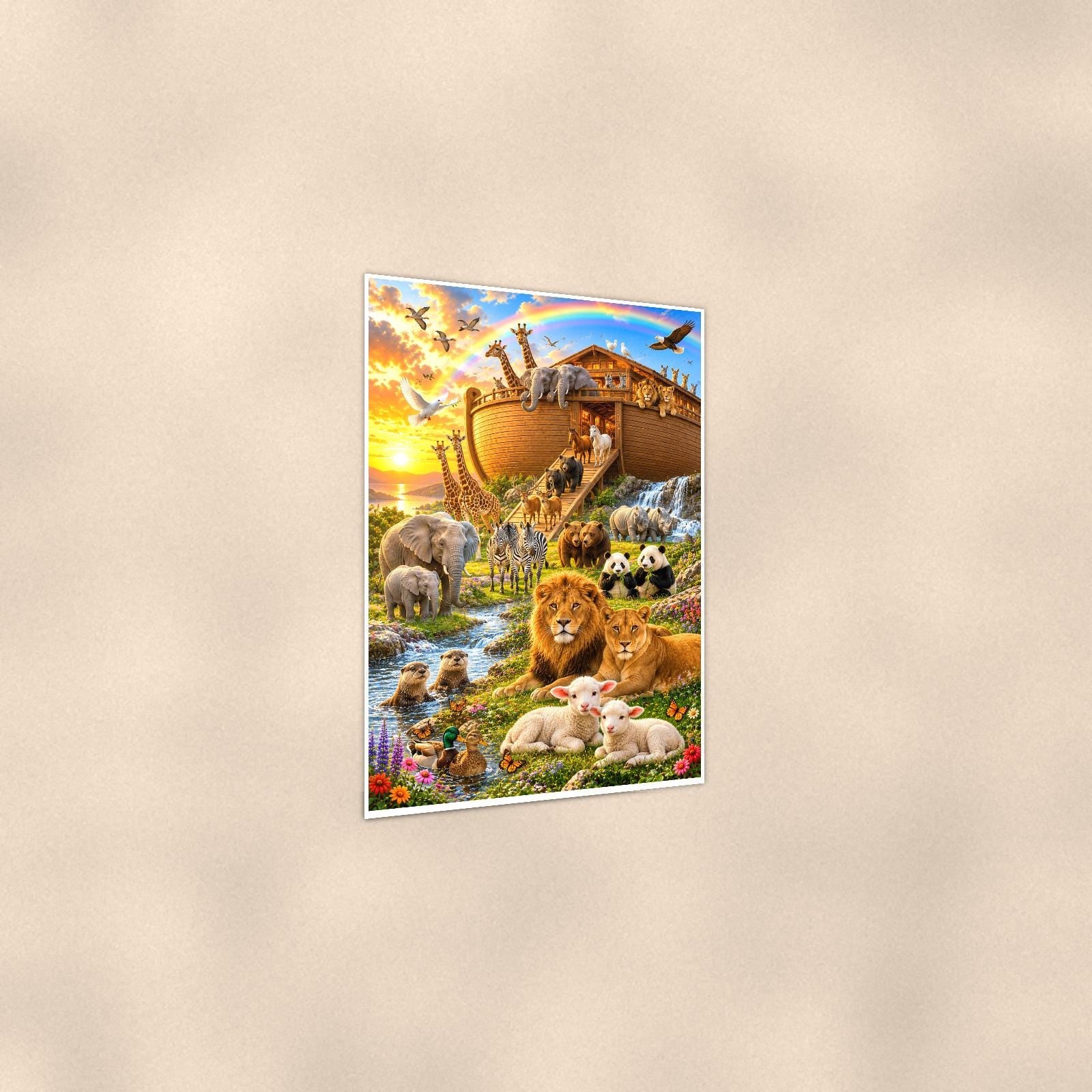 Noah’s Ark Rainbow — 24x36 in art print poster, premium luster paper with a white border; gentle three-quarter angle on a warm wall, showing the flat paper edge.