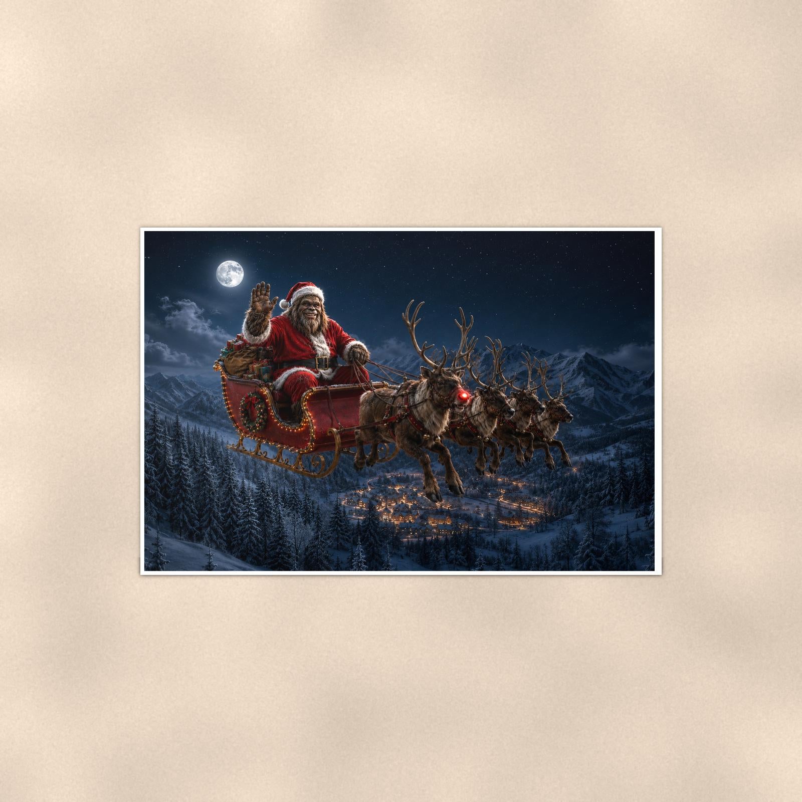 Santa Sleigh Bigfoot — 36x24 in art print poster, premium luster paper with a white border; poster shown straight on against a warm wall.