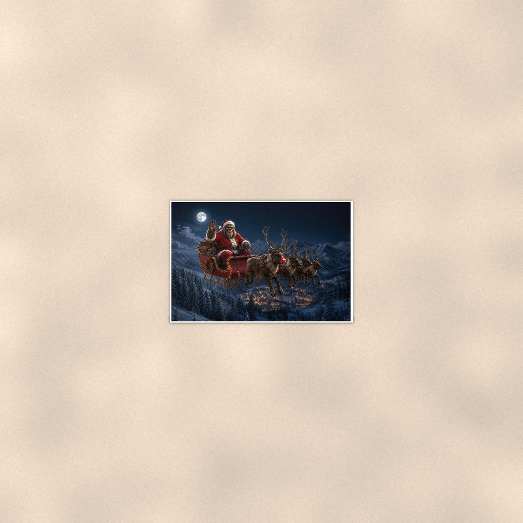 Santa Sleigh Bigfoot — 36x24 in art print poster, premium luster paper with a white border; poster seen from further back, at true 24x36 in scale on a warm wall.
