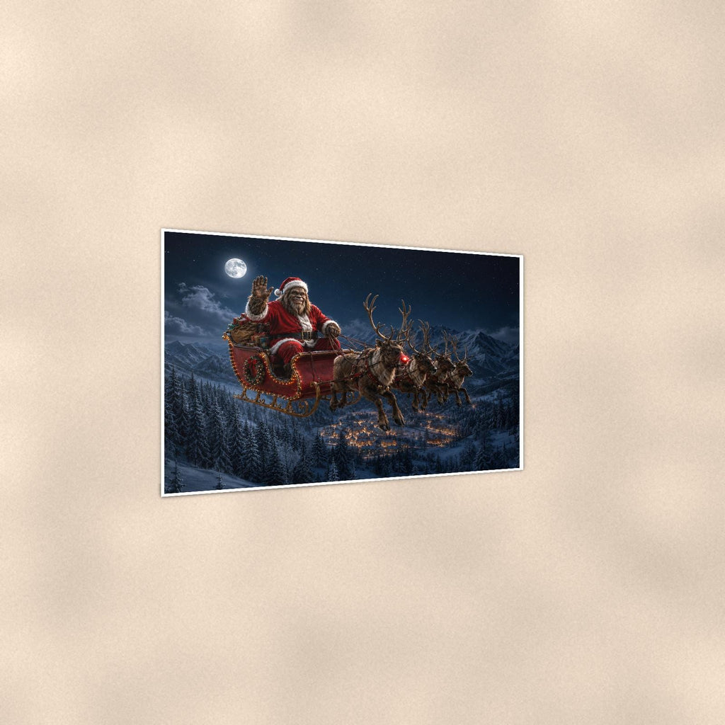 Santa Sleigh Bigfoot — 36x24 in art print poster, premium luster paper with a white border; gentle three-quarter angle on a warm wall, showing the flat paper edge.