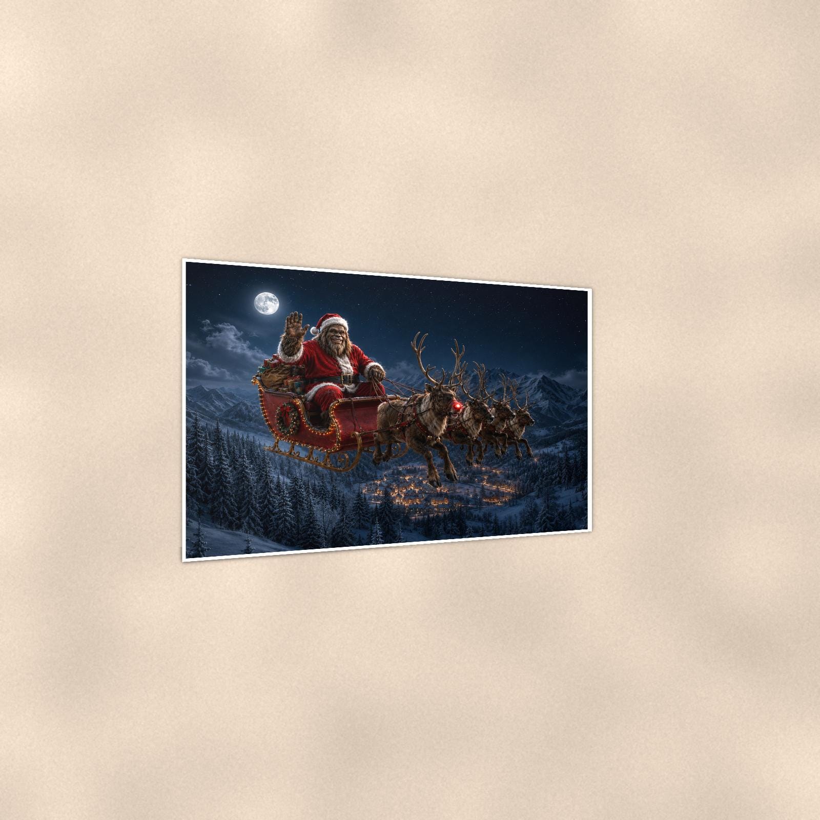 Santa Sleigh Bigfoot — 36x24 in art print poster, premium luster paper with a white border; gentle three-quarter angle on a warm wall, showing the flat paper edge.