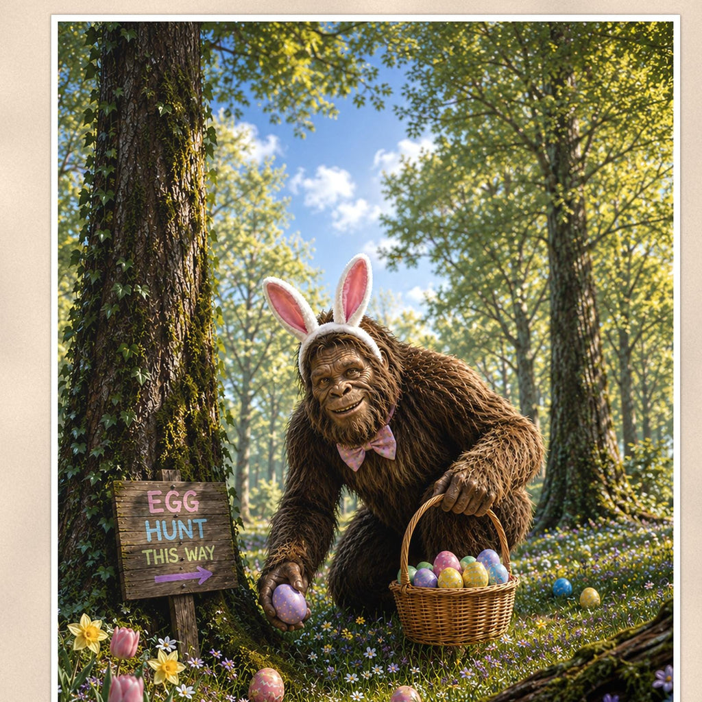Easter Bigfoot — 24x36 in art print poster, premium luster paper with a white border; close-up framed on the main subject of the artwork, paper surface visible.