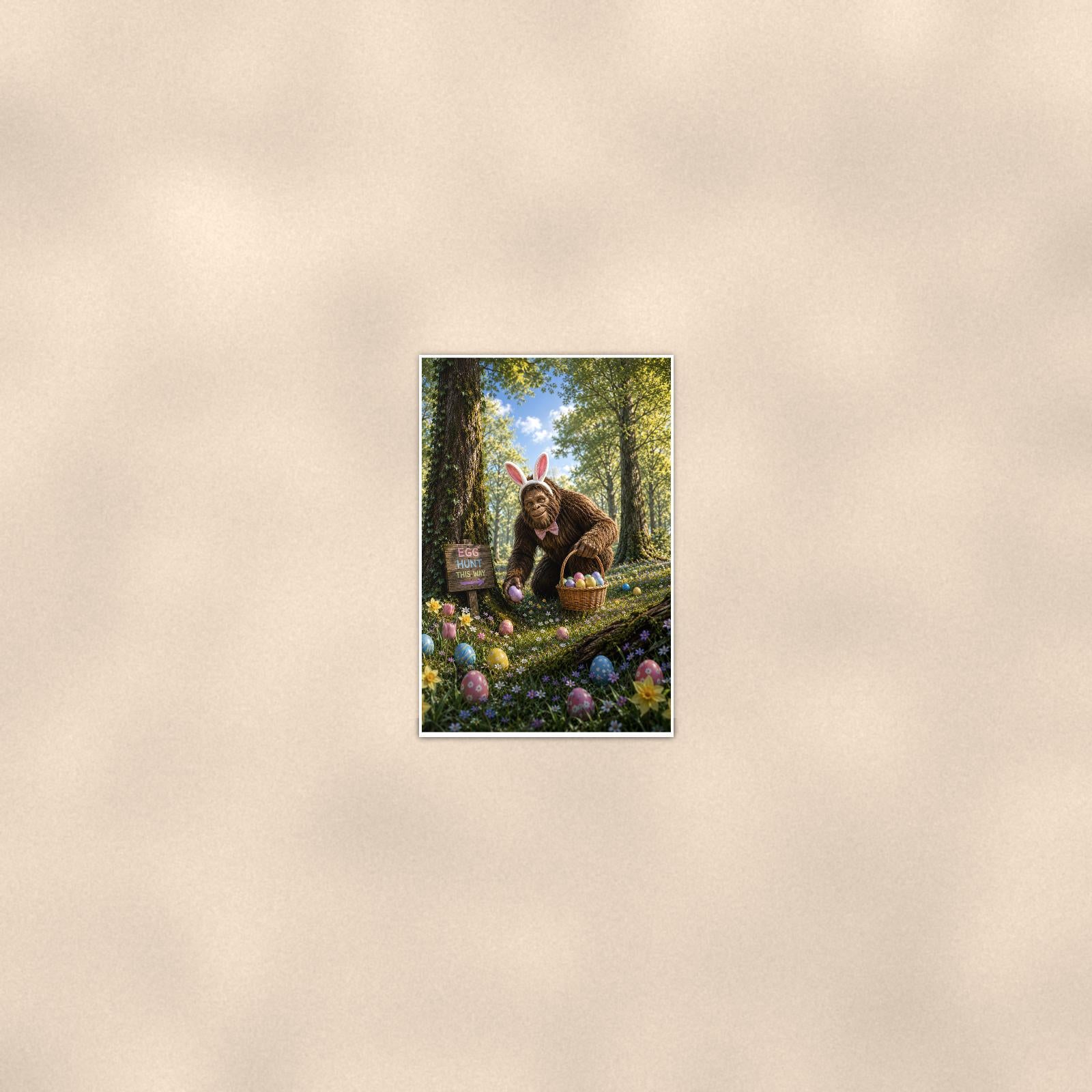Easter Bigfoot — 24x36 in art print poster, premium luster paper with a white border; poster seen from further back, at true 24x36 in scale on a warm wall.