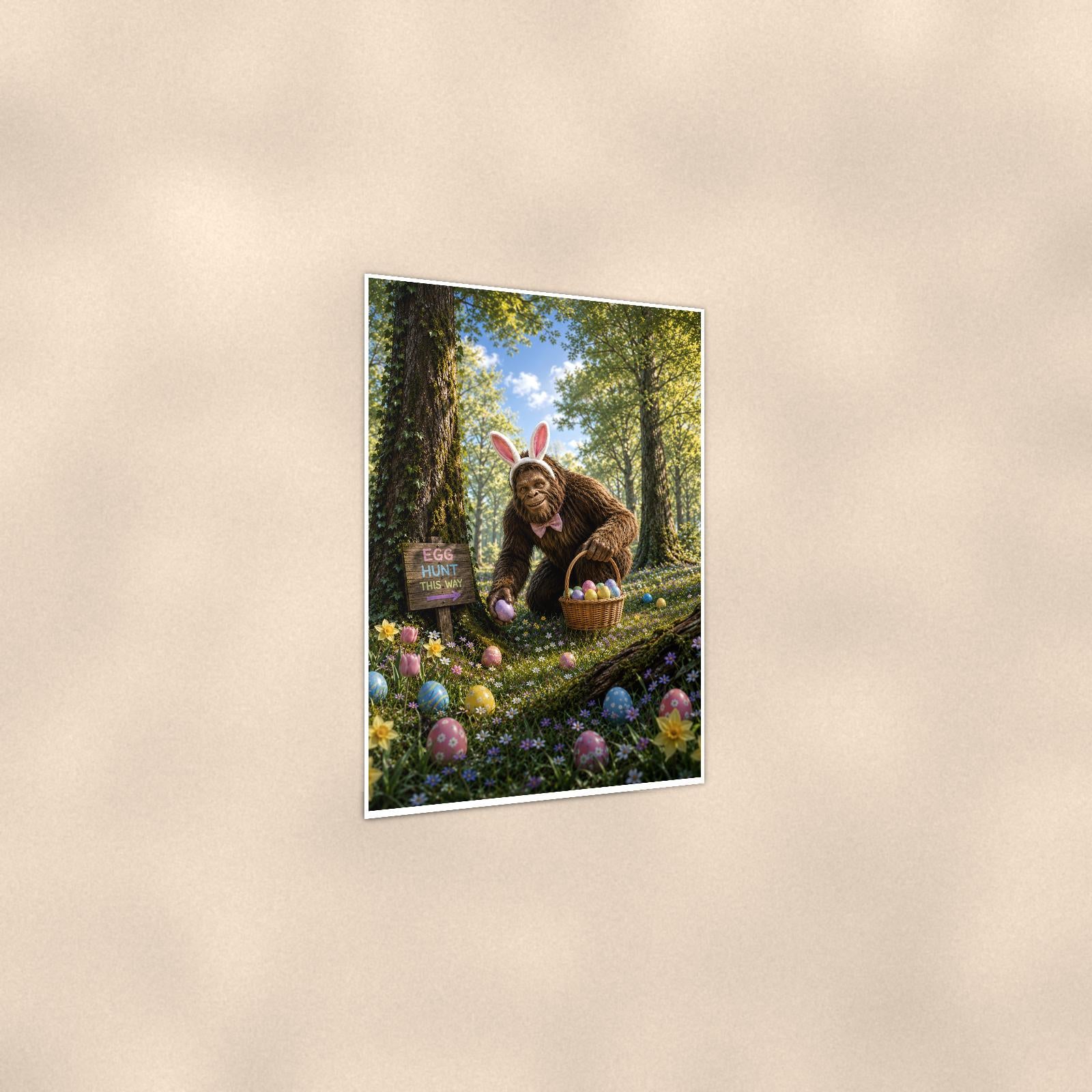 Easter Bigfoot — 24x36 in art print poster, premium luster paper with a white border; gentle three-quarter angle on a warm wall, showing the flat paper edge.