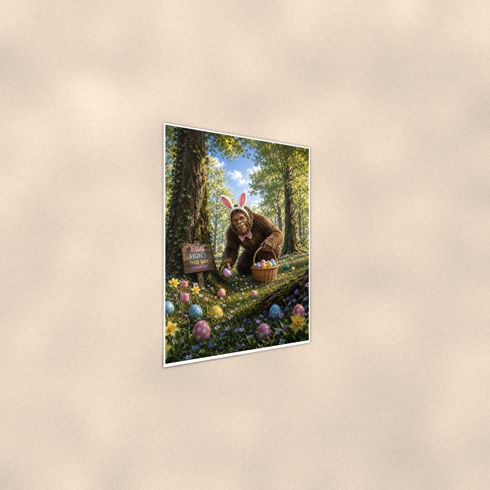 Easter Bigfoot — 24x36 in art print poster, premium luster paper with a white border; steeper three-quarter angle on a warm wall, catching the luster sheen.