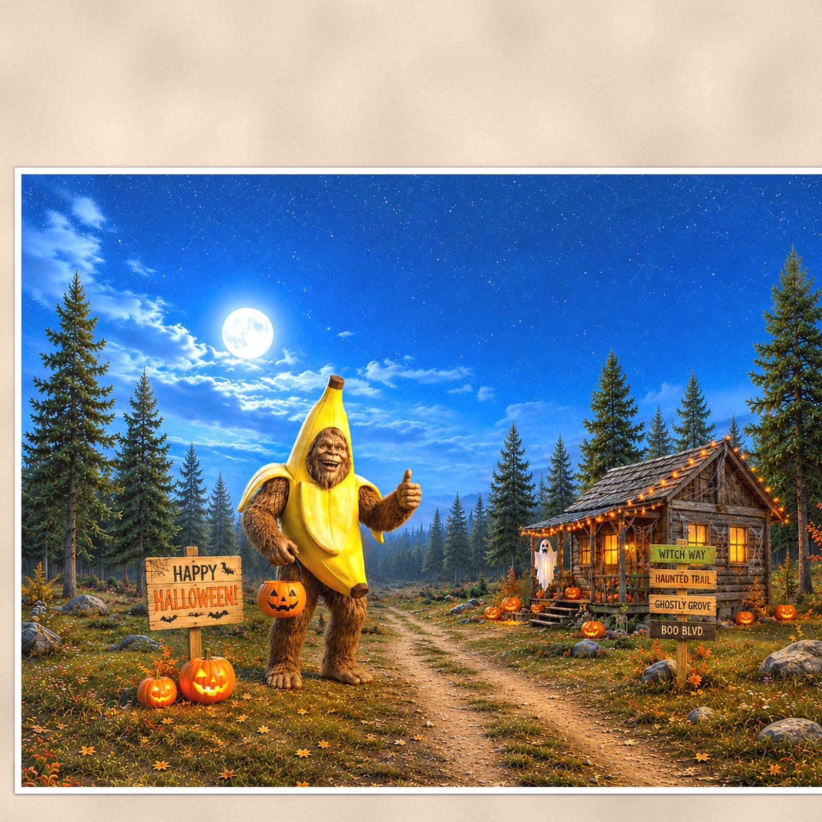 Halloween Bigfoot — 36x24 in art print poster, premium luster paper with a white border; close-up framed on the main subject of the artwork, paper surface visible.