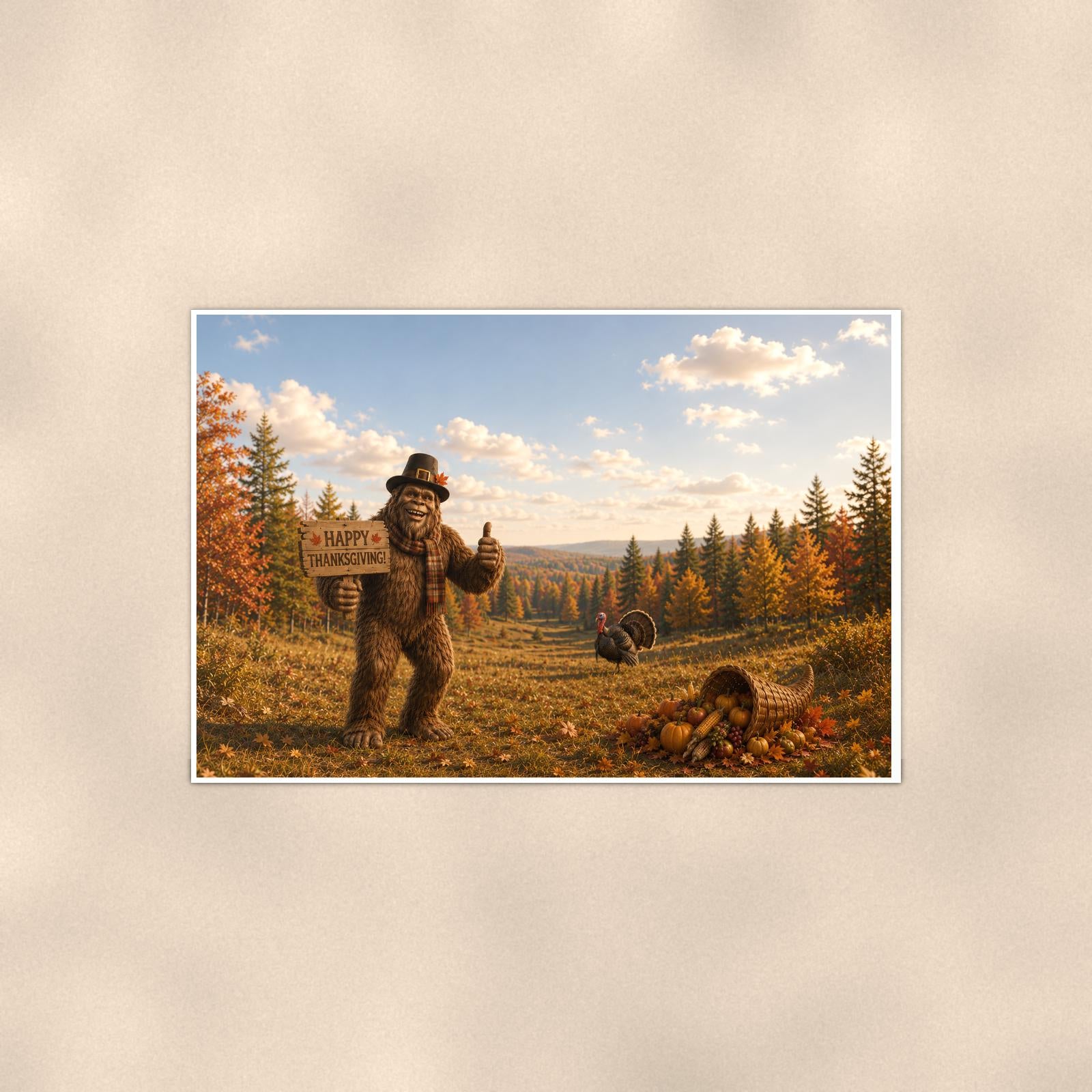Thanksgiving Bigfoot — 36x24 in art print poster, premium luster paper with a white border; poster shown straight on against a warm wall.