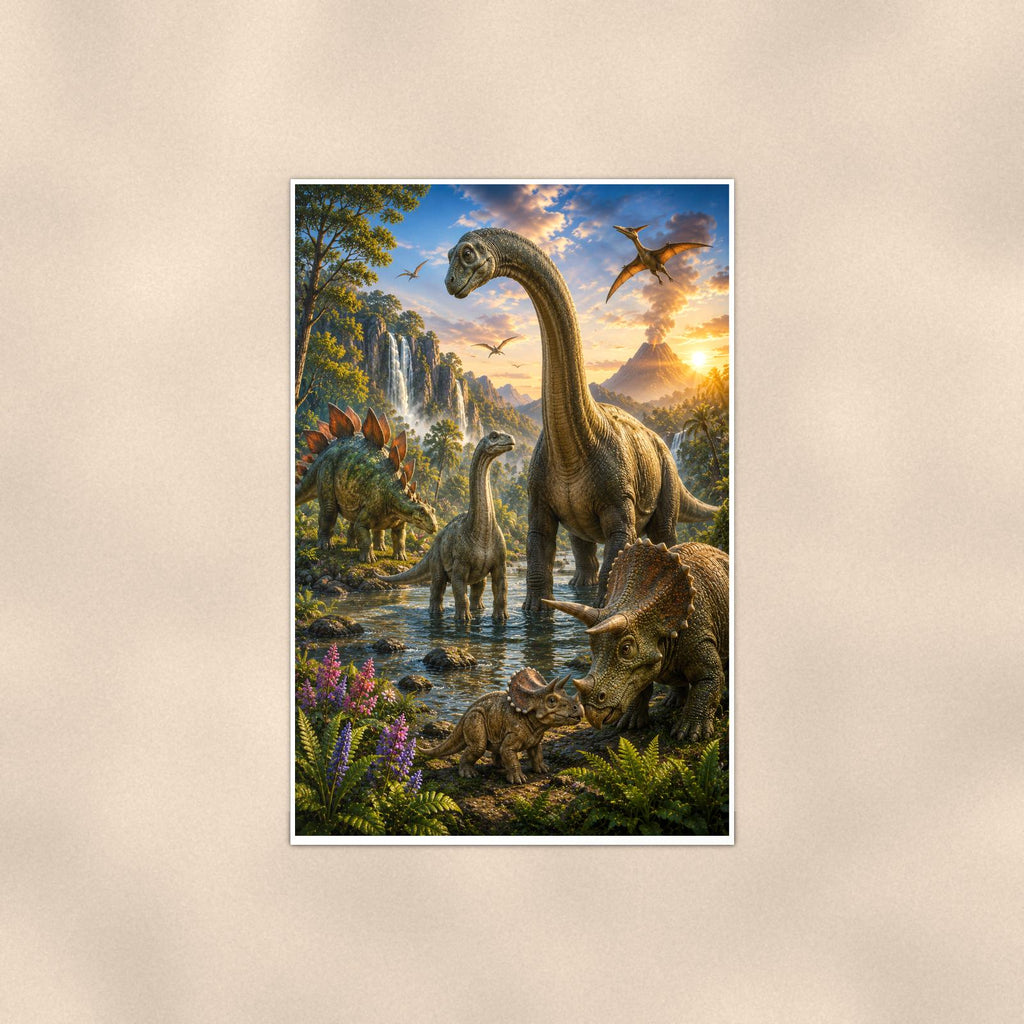 Dinosaur Valley Family — 24x36 in art print poster, premium luster paper with a white border; poster shown straight on against a warm wall.