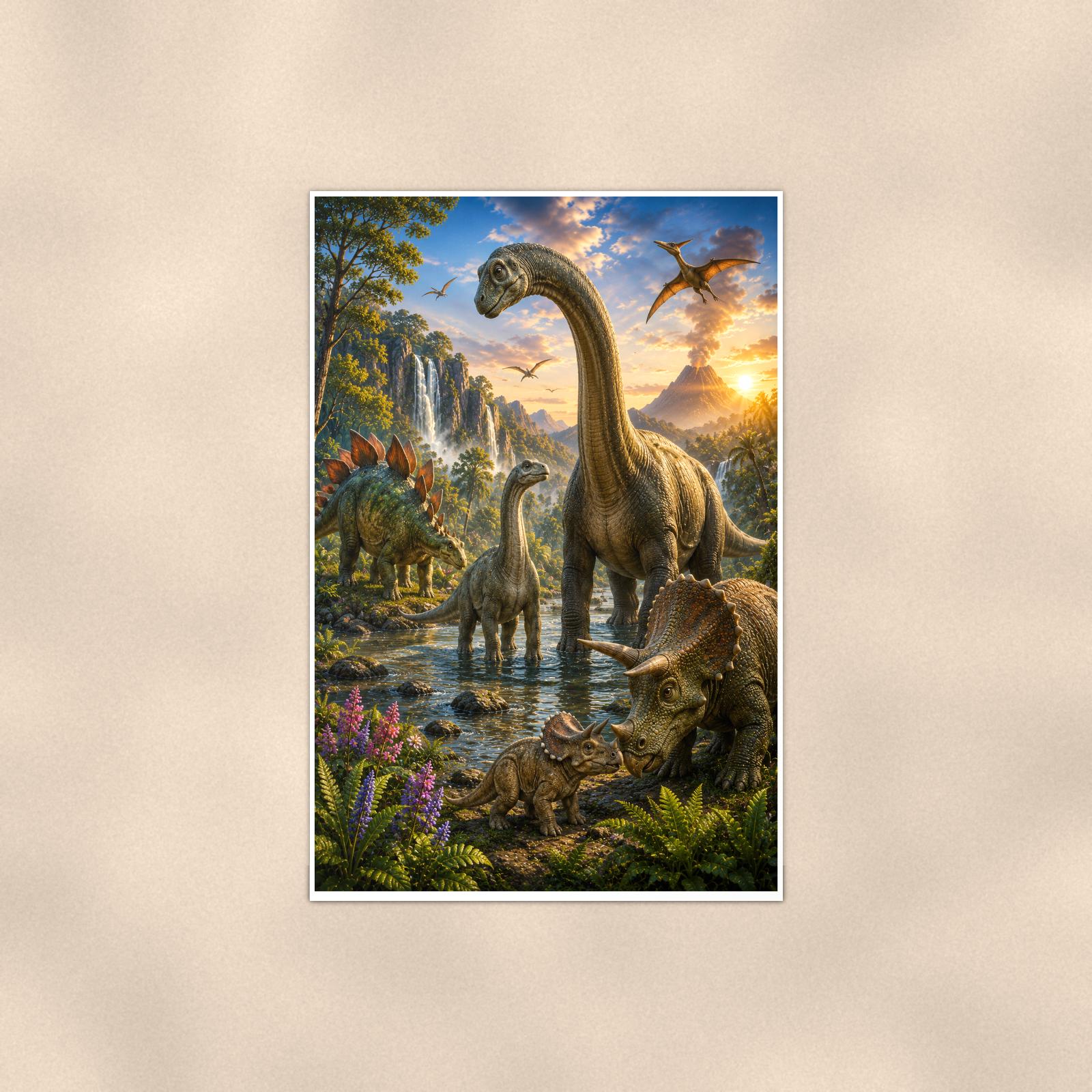 Dinosaur Valley Family — 24x36 in art print poster, premium luster paper with a white border; poster shown straight on against a warm wall.