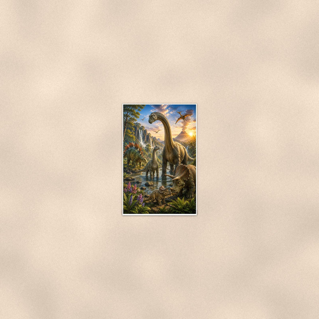 Dinosaur Valley Family — 24x36 in art print poster, premium luster paper with a white border; poster seen from further back, at true 24x36 in scale on a warm wall.