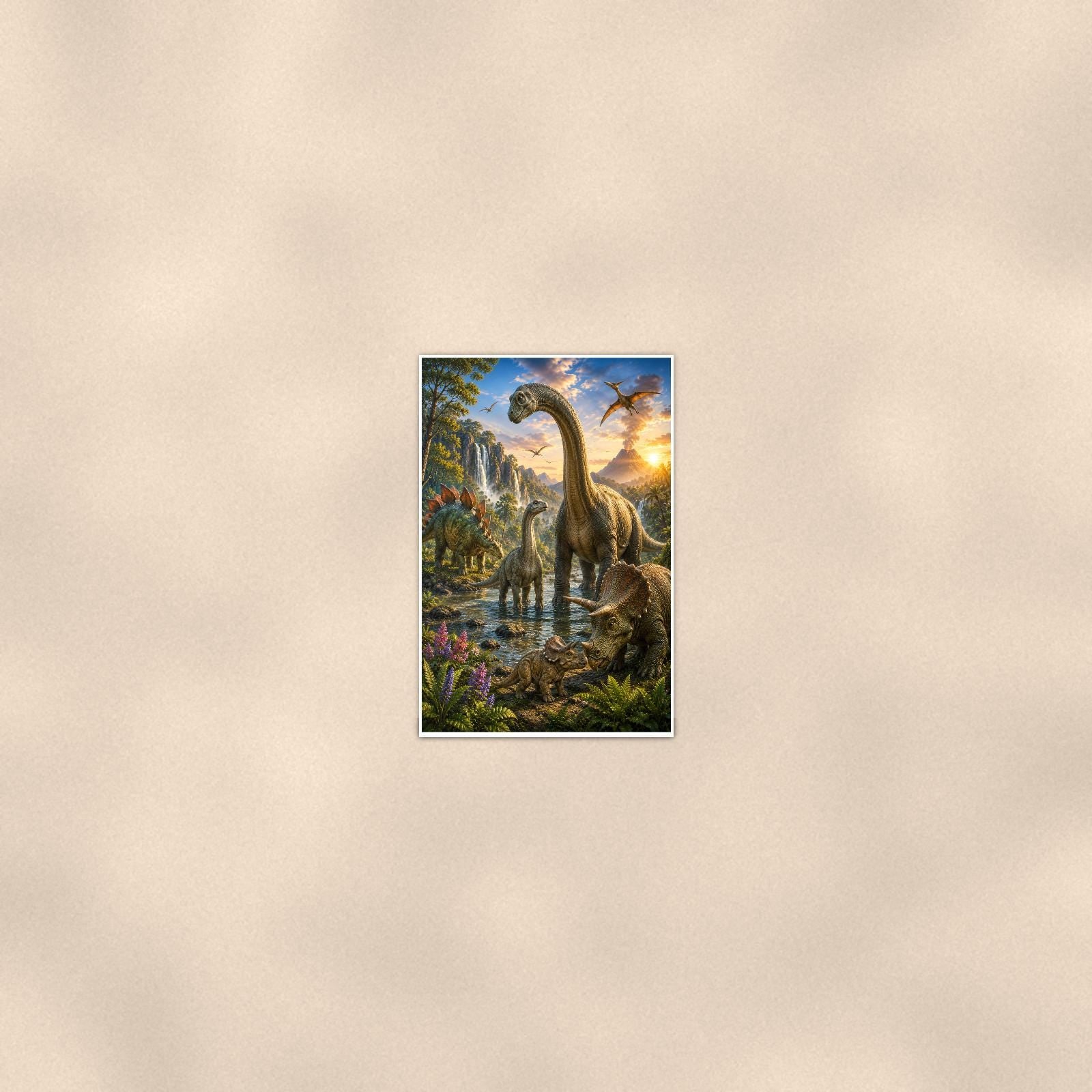 Dinosaur Valley Family — 24x36 in art print poster, premium luster paper with a white border; poster seen from further back, at true 24x36 in scale on a warm wall.
