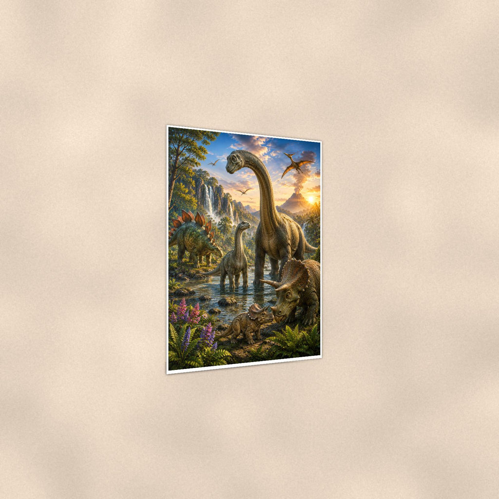 Dinosaur Valley Family — 24x36 in art print poster, premium luster paper with a white border; gentle three-quarter angle on a warm wall, showing the flat paper edge.