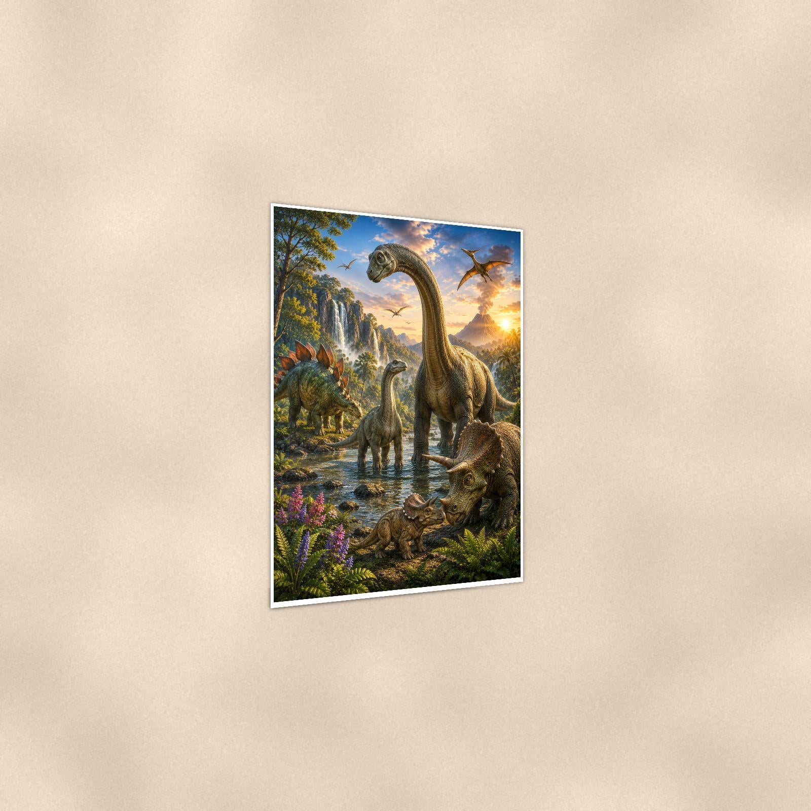 Dinosaur Valley Family — 24x36 in art print poster, premium luster paper with a white border; gentle three-quarter angle on a warm wall, showing the flat paper edge.