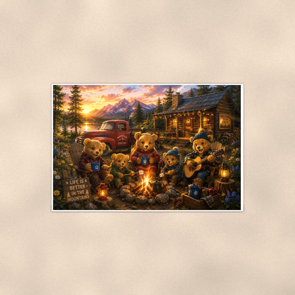 Teddy Bear Campfire Cabin — 36x24 in art print poster, premium luster paper with a white border; poster shown straight on against a warm wall.