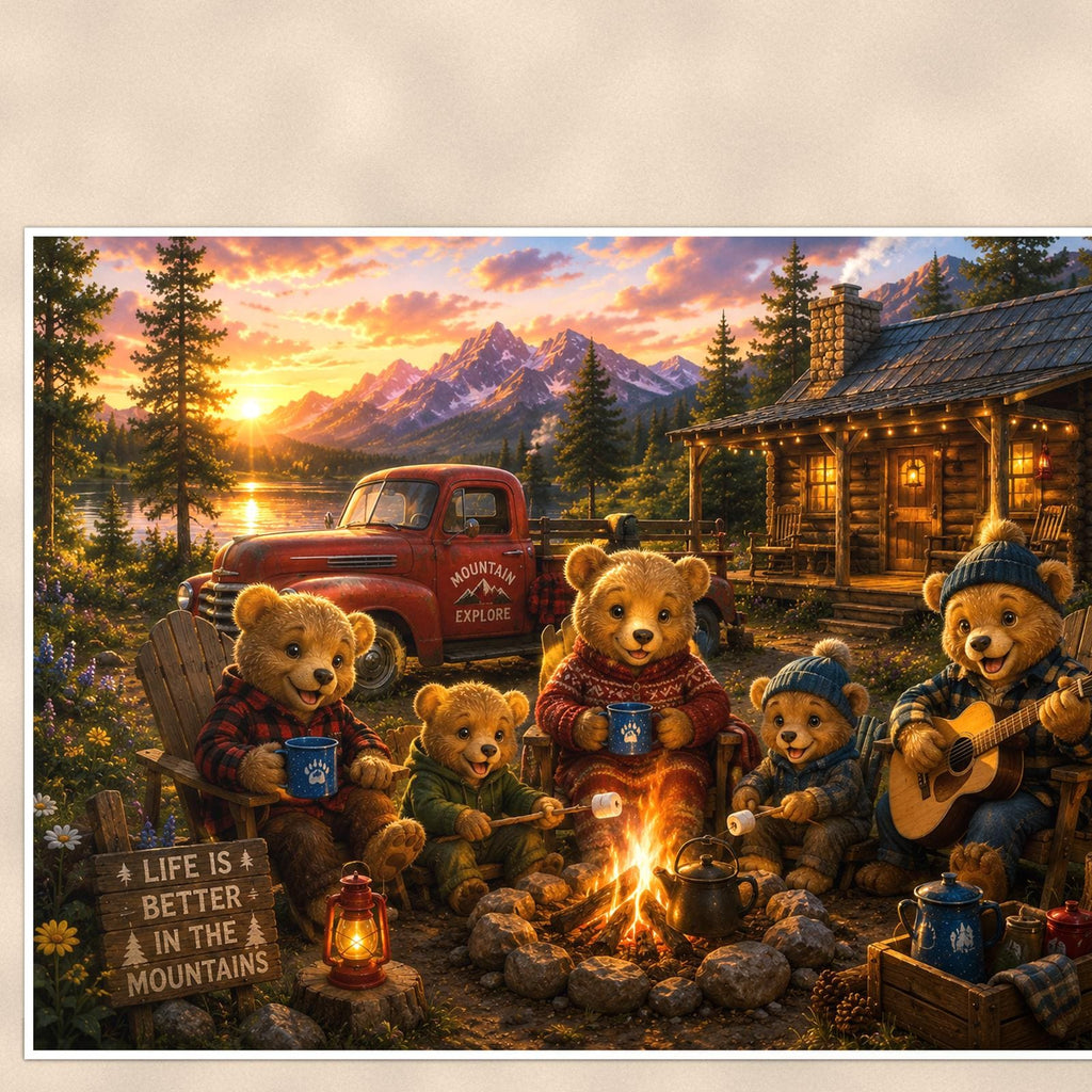 Teddy Bear Campfire Cabin — 36x24 in art print poster, premium luster paper with a white border; close-up framed on the main subject of the artwork, paper surface visible.