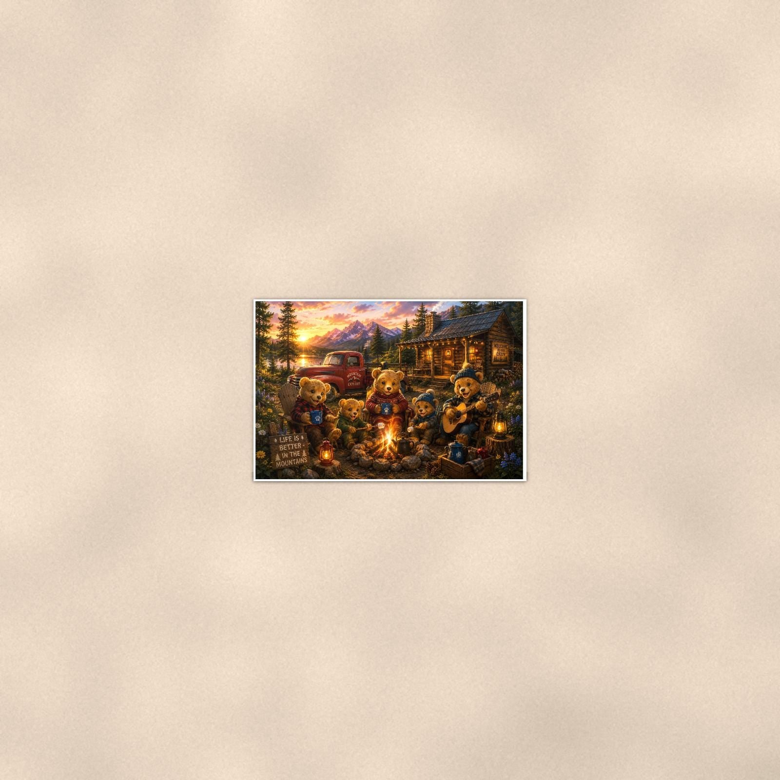 Teddy Bear Campfire Cabin — 36x24 in art print poster, premium luster paper with a white border; poster seen from further back, at true 24x36 in scale on a warm wall.
